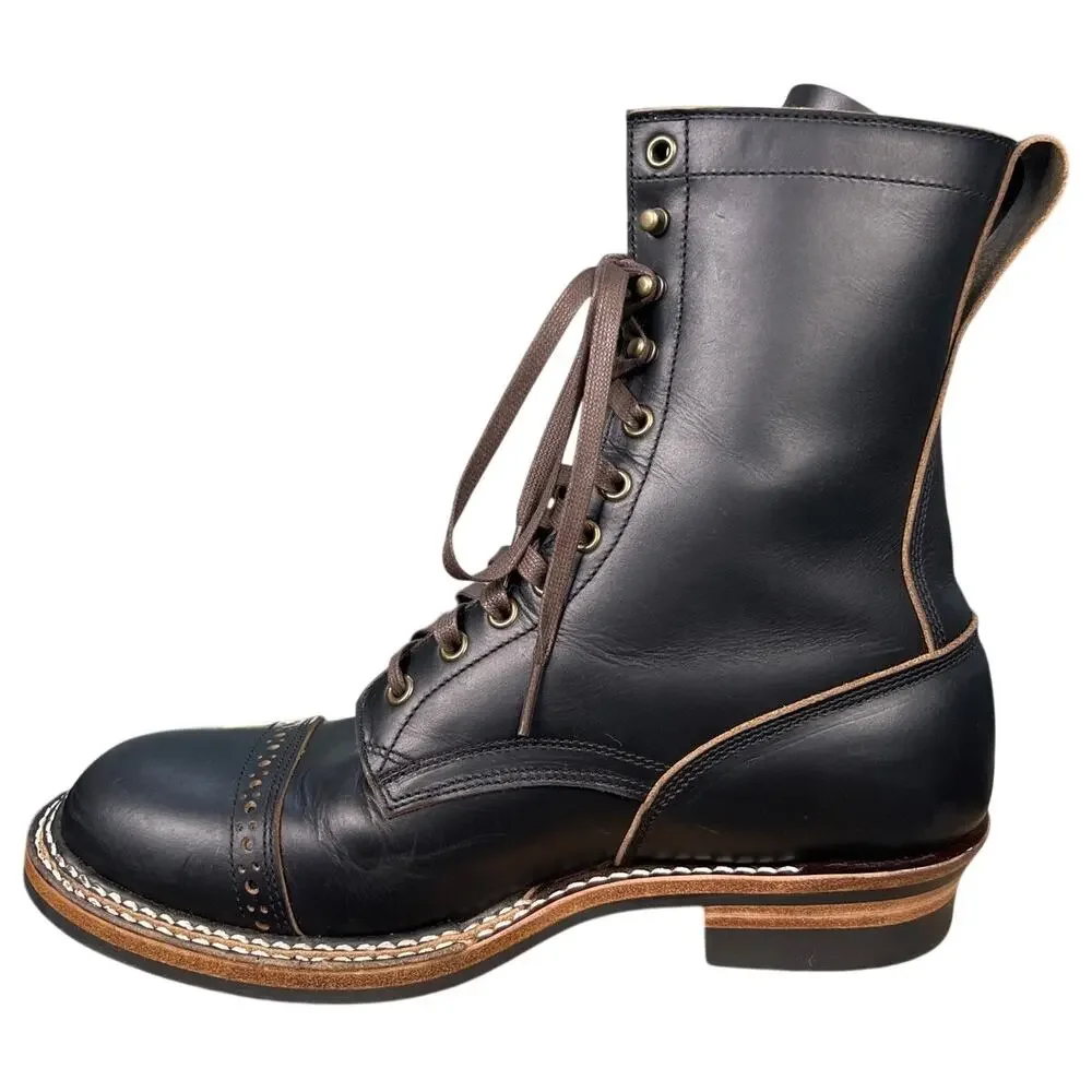 Crush on Retro Men’s Black Leather Cap Toe Sevice Boot Size 44 US 11